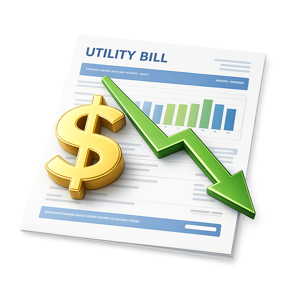 image of a utility bill showing a dollar sign and a green downtrending graph arrow signifying savings