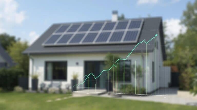 Home wit solar panels on the roof and ascending chart in foreground