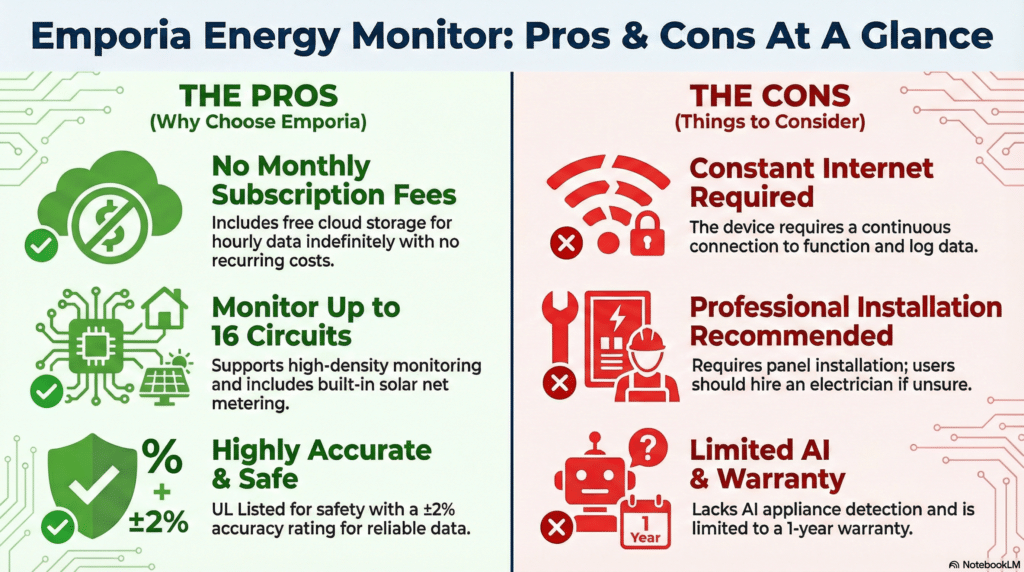 Infographic outlining the pros and cons of the Emporia Vue 3 Energy Monitor