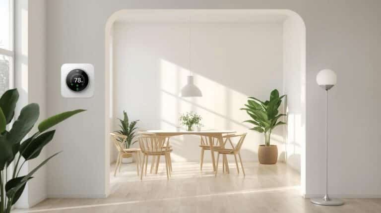 AI generated image of a home with smart thermostat on the wall and dining room in background