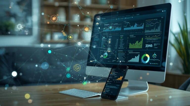 Computer monitor and smart phone on a desk depicting graphs from a smart home energy monitor.