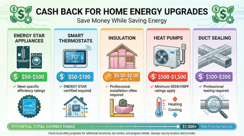 Infographic outlining potential rebates tied to different home energy upgrades.
