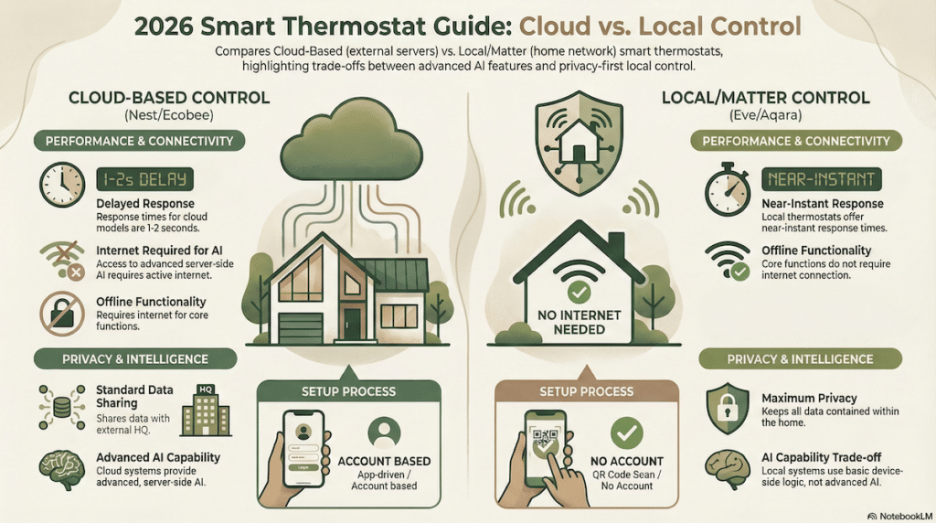 Infographic showing the differences between Matter-based and cloud-based smart thermostat technologies.